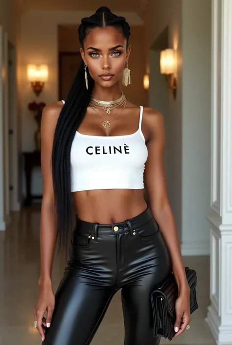 a sexy 20 year old liberian greek woman with golden skin color with thick black threaded eyebrows with long black ponytail braids with boujee baby hairs around her hairline with almond shaped blue eyes. Extremely beautiful naturally. Supermodel with perfec...