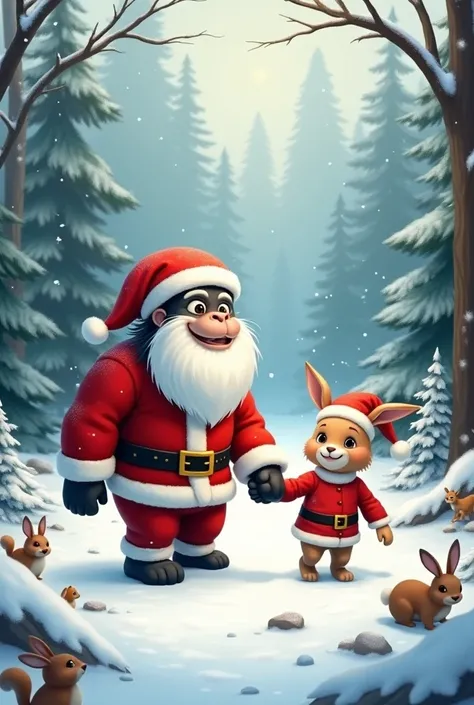 Its snowing Christmas、Gorilla Santa Claus and rabbit Santa Claus hold hands and return to the forest