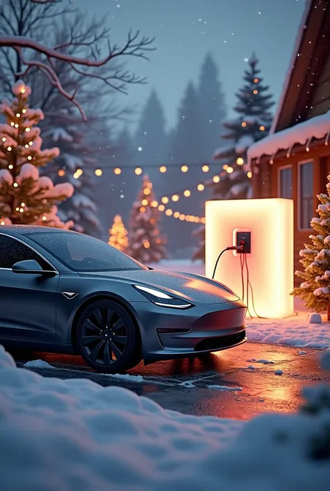 christmas picture with a Tesla charging at a battery in chape of a cube called ALLSPARK CUBE