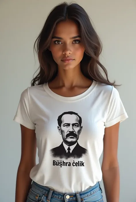 Make black girl with thin brown hair and brown eyes t-shirt with Atatürk picture and text "Büşra çelik"