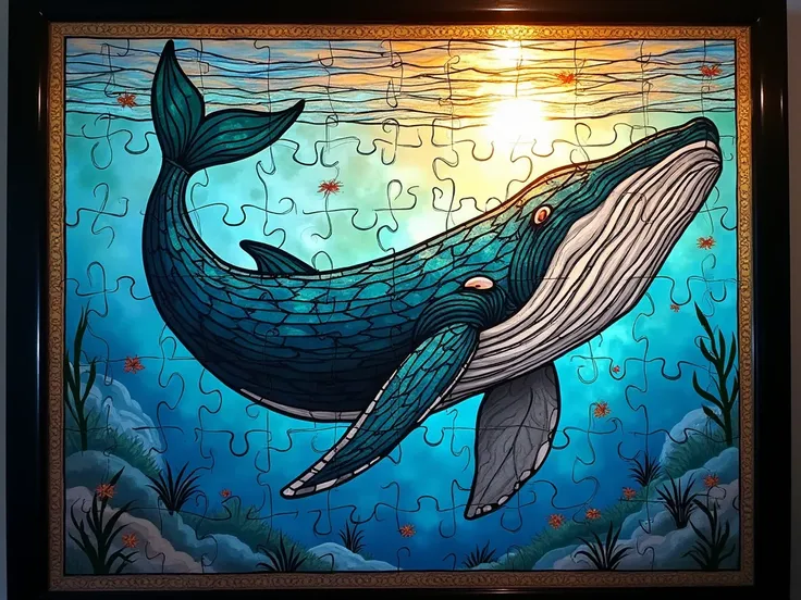 large stained glass depicting a  whale, top quality , Super fine, 16k, incredibly absurdres,  very detailed,  delicate and dynamic,   Jigsaw Puzzle  , Transparent stained glass, Orthodox painting in a black frame, Iridescent Reflection,  mediterranean atmo...