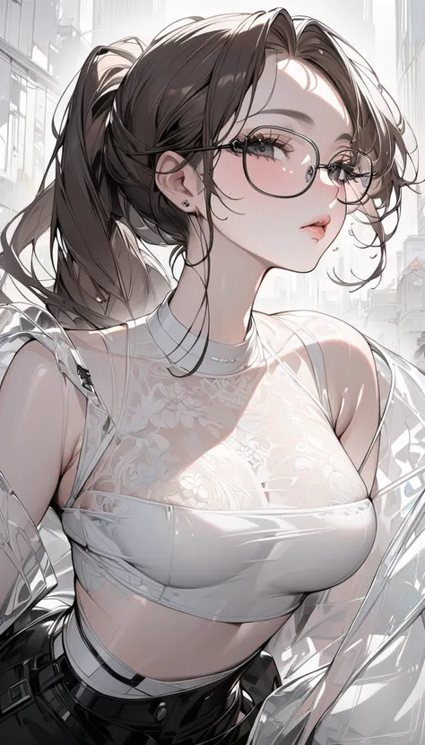 top quality masterpiece high resolution long brown hair ponytail character portrait black eye glasses light pink lips B cup puffy body white see-through black underwear