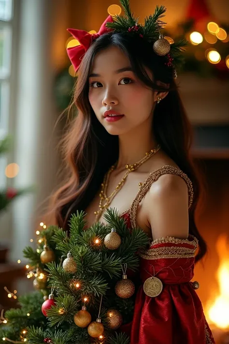  an Indonesian beautiful woman cosplaying dressed in a Christmas tree costume, decorated with small lights and christmas decorations 