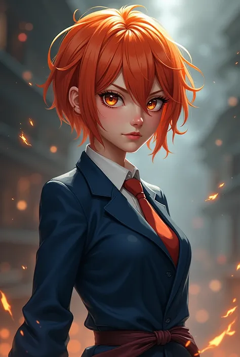 Short ginger hair, jujutsu sorcerer 1st year, dark blue suit, girl