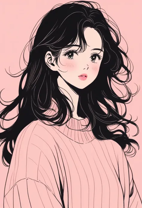  illustrator ,  Japanese Manga , healthy skin tone  ,sketch ,  1 girl,Good woman ,lips,  sweater ,delicate,  long hair, black hair、 pink background、textured crop, Canada, (masterpiece, top quality )