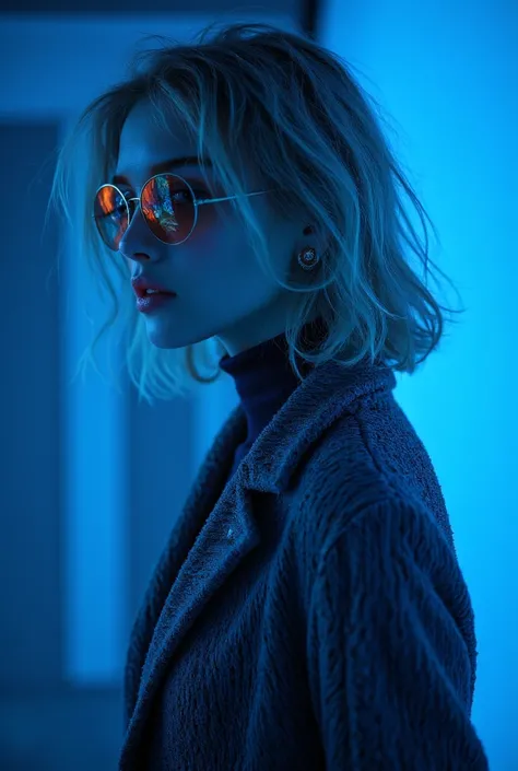 The best cell phone wallpaper, Award-Winning Wallpaper, portrait photography, In the front view is a portrait of a beautiful young blond woman wearing mid-1960s space age fashion, Side view photo, Shot with Canon EOS R5, Set a strong contrast that accentua...