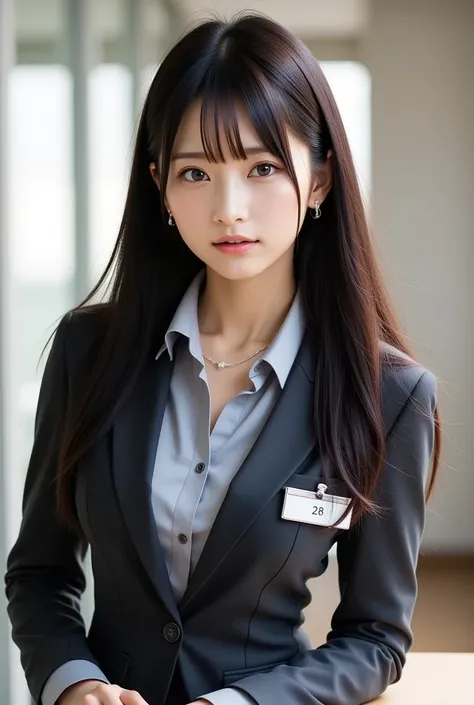 A high-quality image of an alluring, mature office lady with black long hair. best quality, fine details in the eyes and skin, soft indoor lighting, 28 years old, Japanese, black eyes, direct gaze, long black hair, slightly wavy, moderate breasts, defined ...