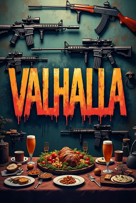 Poster en large avec inscription graffiti "Valhalla" avec en fond réplique dairsoft et buffet des guerriers 