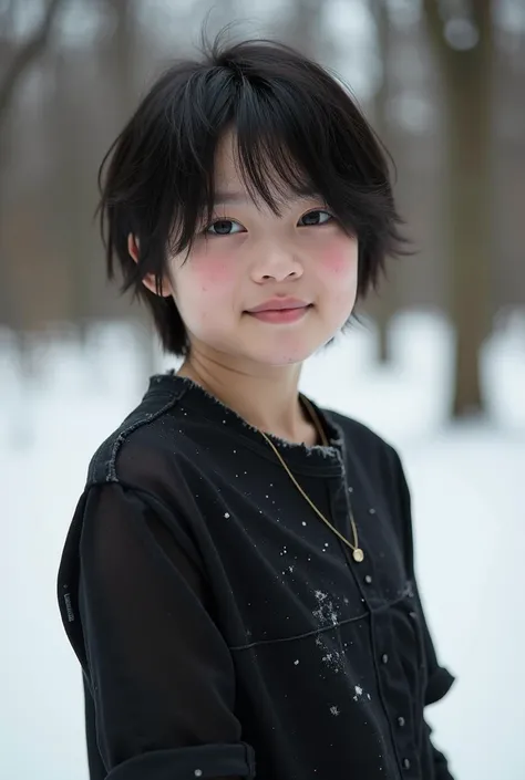 Full body image, girl with very short dark black hair boyish, beautiful face, very short hair, dirty face, torn clothes, flat nose, pale skin, smiling, flat breasts, winter park background, black dress and shorts, eyes Black, short, young