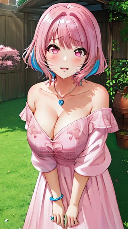 (masterpiece), 8k wallpaper, Alone,   Watanabe Yo ,  game cg,   beautiful detailed face and eyes ,  Perfect Anatomy,  standing, outside, ,  glossy lips ,  wedding dress ,  off-shoulder,  necklace, gem, garden,  Big Breasts :0.5, ((( Big Breasts の谷間))), ,  ...