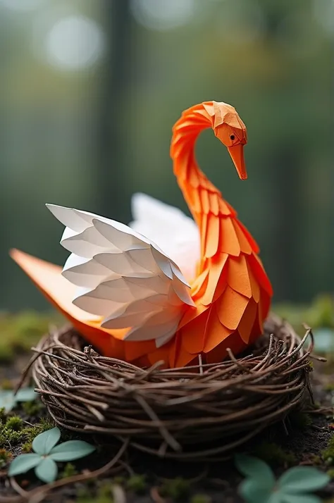 ((best quality)), ((masterpiece)), (detailed), perfect face, This image captures the delicate art of origami, showcasing a beautifully crafted paper swan perched in a nest made of twigs. The orange swan, with its intricate folds and white elements, stands ...