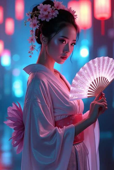 A futuristic geisha in a sensual and erotic pose, standing in a neon-lit sci-fi setting, where the ancient meets the future. She wears a beautifully designed kimono made of metallic fabric that shimmers with holographic colors, blending traditional pattern...