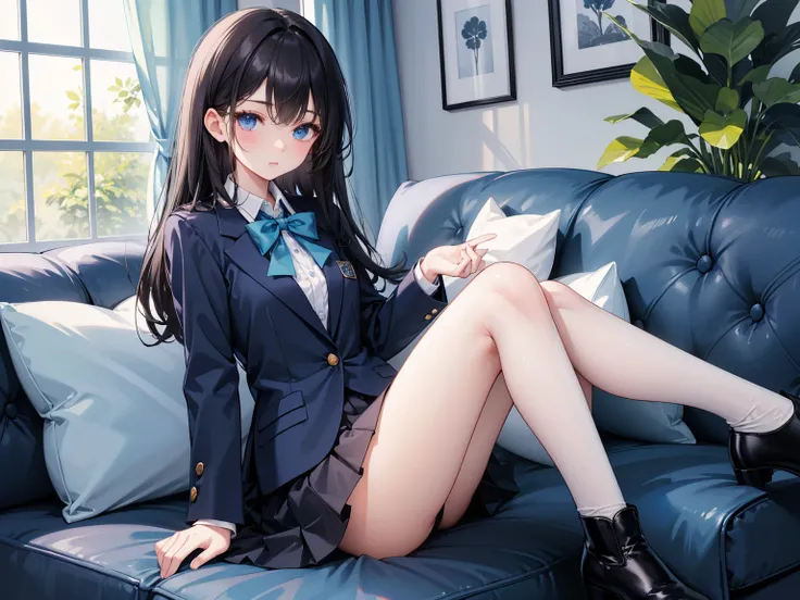  high school students  ， Has long, dark hair ， with warm blue eyes  ，  wears a fresh blue suit ，  pure white collar and bright green bow， Black Boots ， Short black skirt ， has long dark hair and warm blue eyes ， sitting on the sofa ，indoor，living room。