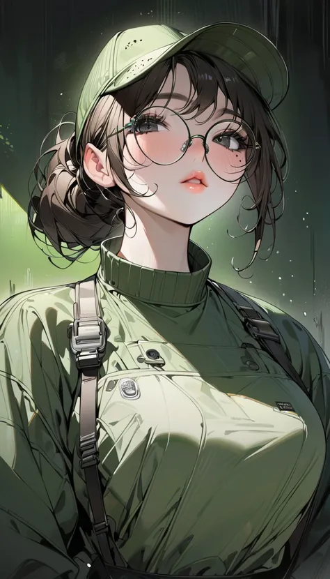 Top Quality Masterpiece High Resolution Long Brown Hair Ponytail Character Portrait Black Eyes Glasses Light Pink Lips B Cup Puffy Body Green Workwear Freckles