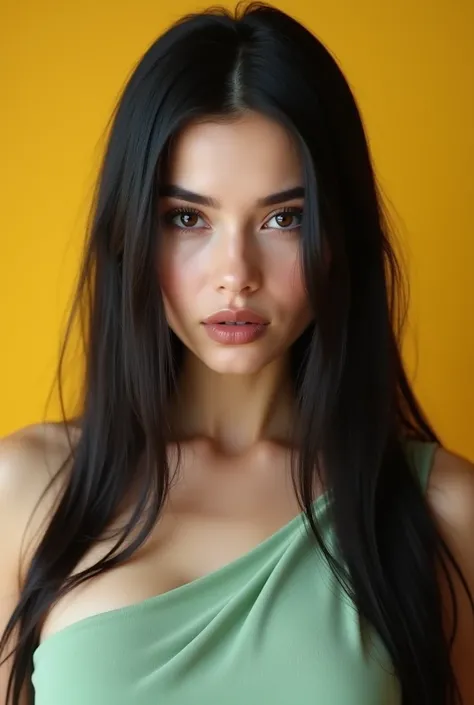 A beautiful Russian girl with black hair. She is twenty-five years old with a typical Russian face. She is wearing a light green one-shoulder dress. She has brown eye shadow and brown lipstick. She has a calm, indifferent, and stern appearance with no smil...