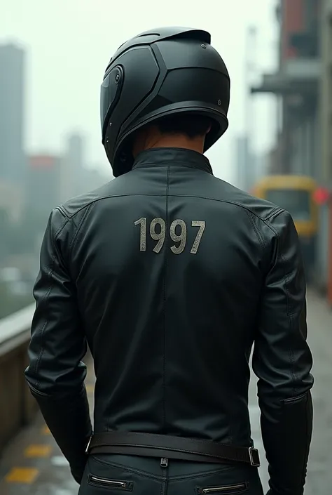  A guy standing with his back in a motorcycle helmet, with an inscription on his back 1997 