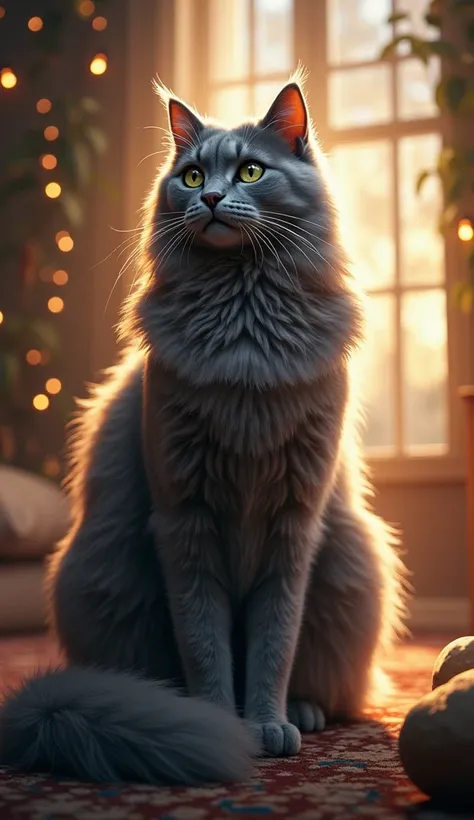 Imagine a whimsical scene featuring a magnificent, towering grey cat with a coat of long, flowing fur that shimmers like moonlight. This enchanting feline has captivating, bright green eyes that sparkle with intelligence and a hint of playful curiosity. It...