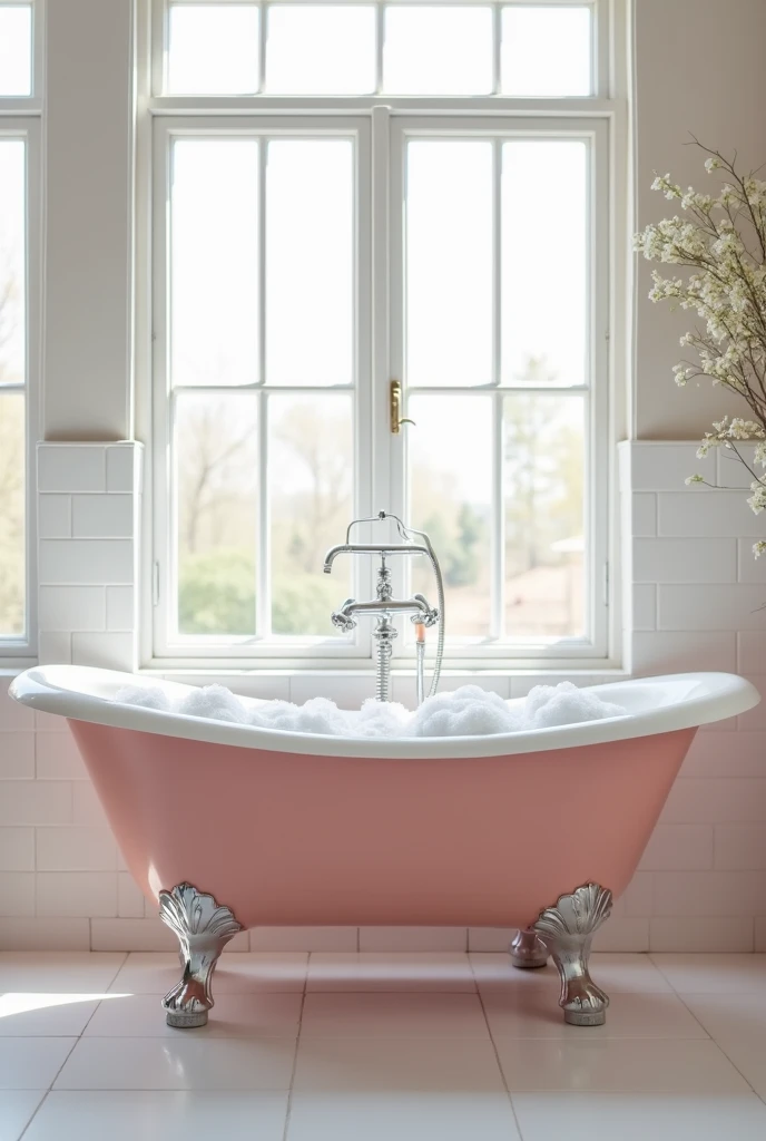 To create the first part (left side of the image) with the same position and background, here is the detailed prompt:

"Design a cozy, vintage-style bathroom featuring a freestanding pastel pink clawfoot bathtub filled with warm, frothy bubbles. Place it i...