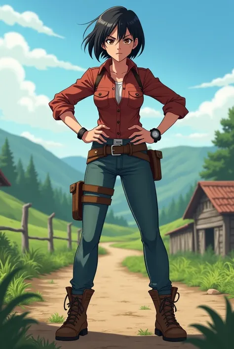 1girl, masterpiece, best quality, tall, tomboy, slightly muscular, short black hair, brown eyes, hands on hips, angry, country girl, country background, anime