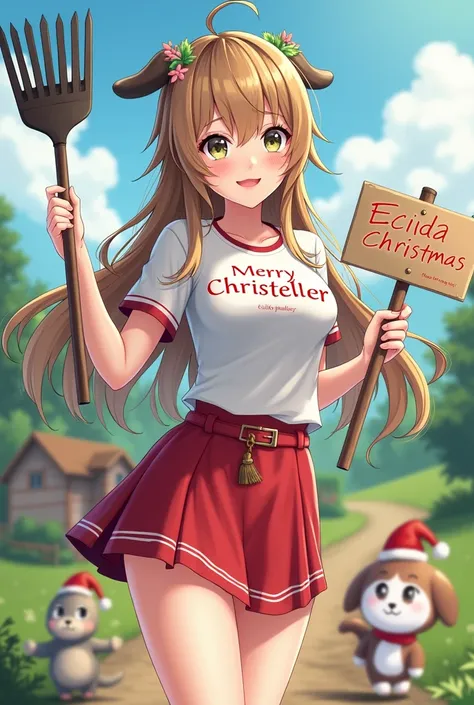 Create beautiful anime with long hair , of short skirt and large breasts and that it says on her t-shirt,  MUNICIPALITY in Spanish Ecilda Paullier in Spanish and with a rake in her hand and smiling, holding with the other hand a merry Christmas sign compan...