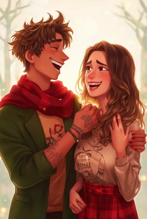 Boy with short brown hair ,  shaved sideways , With goatee , Skinny,  with Christmas clothes together with girl with long brown hair, thin, With Christmas clothes that laugh and joke 