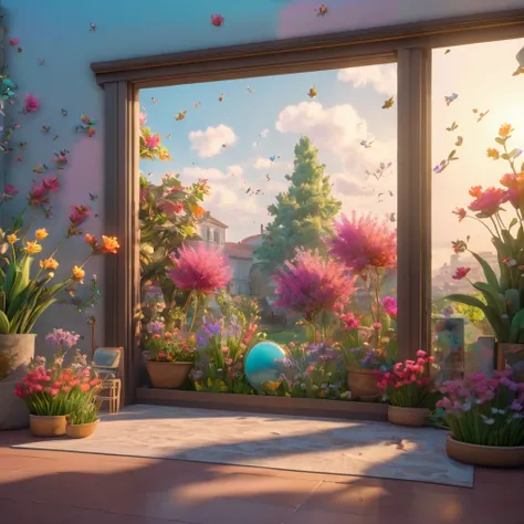  better quality,  masterpiece, 4k,  3D styles ,  representation of octane , arte conceptual, Highly detailed CG,  highlighted in artstation ,  wallpaper.  A European-style window that opens out , flowers decorate the window ,  and outside the window there ...