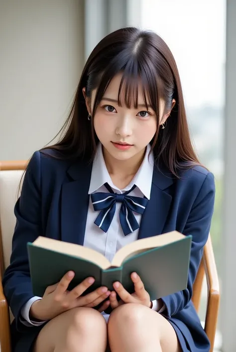 A realistic image of a young woman, 18 years old, in a long-sleeved school uniform, sitting on a chair, legs slightly apart, focused on a book, natural lighting, best quality, detailed uniform, serene expression, soft colors, casual pose, from a slightly e...