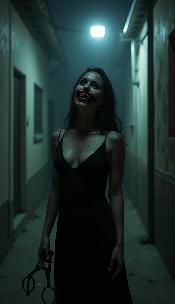 Urban legend　A woman with her side lip torn to her ear is smiling eerily　The background is a dark night back alley　Have shears　 black dress 　 cleavage