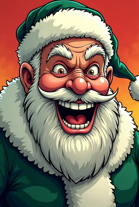 Its an ilustration in comics style. A santa claus in white-green suit with wild smile.