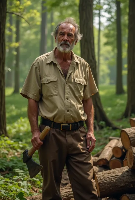 A humble, middle-aged man with a weathered face, wearing a loose beige shirt and brown trousers, is standing in a dense green forest. He holds an old iron axe in one hand, chopping wood near a pile of logs. Sunlight filters through the tall trees, casting ...