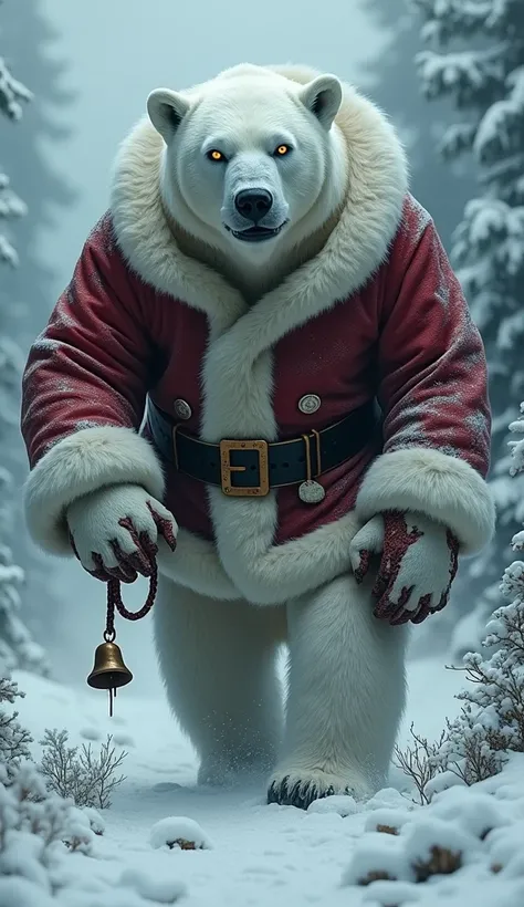 A fearsome polar bear, its fur a thick white coat, walks in the place of jolly old Saint Nick, his bright red suit now a twisted mockery of its usual festive hue, the bears eyes glowing with a malevolent intensity as it grips a twisted, rusty sleigh bell i...