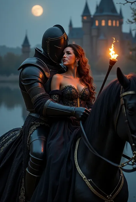  A representation of a short woman ,  tanned skin, very beautiful,  wavy brown hair,  wearing a sexy medieval dress in black and gold ,  riding a black horse,  embraced by a large and strong medieval black knight with armor and a face covered by a helmet ,...