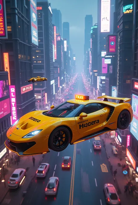 Here’s an updated prompt with a neon glow and cyberpunk elements:

**Prompt:** "A futuristic cyberpunk scene depicting a sleek, yellow flying taxi resembling a high-performance sports car, illuminated with vibrant neon glows. The taxi features a prominent ...