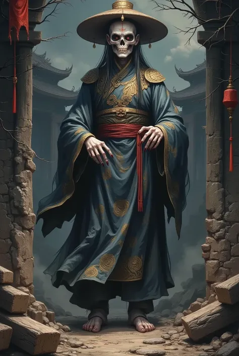 A tall black terrifying Qing Dynasty Zombies man wears Zombies_  Wearing a hat，额头上戴着黄福   , sharp teeth  ,  teeth and claws ， no belt  ，  穿着保皇党士兵经常穿的军官色黑色  ( Stills :1.5), (poster:1.5), (  油画和水彩画  :1.5),( Practical ),(( masterpiece ), (  Best Quality  ), su...