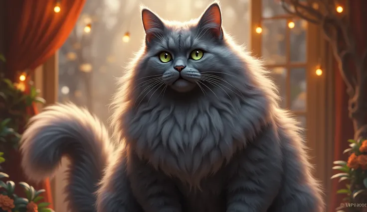 Imagine a whimsical scene featuring a magnificent, towering grey cat with a coat of long, flowing fur that shimmers like moonlight. This enchanting feline has captivating, bright green eyes that sparkle with intelligence and a hint of playful curiosity. It...