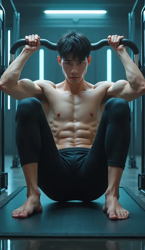 (photorealism:1.2),  very Handsome japanese man, 22-27 year-old,  doing sit up,  tight outfits or showing abs muscles, indoor cyber fitness room