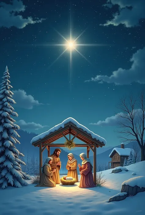 Christmas with nativity scene and fallen snow and bright stars 