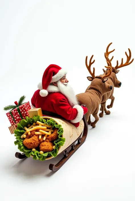 A whimsical scene featuring Santa Claus on a traditional sleigh, pulled by a team of majestic reindeer. The sleigh is overflowing with gifts, but the standout among them is an oversized, whimsical wrap roll. The wrap is filled with succulent fried chicken,...