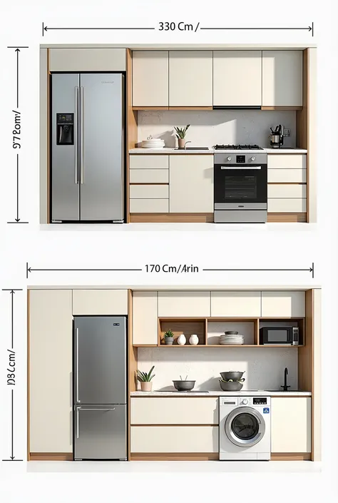 Create an image
Kitchen design 330 cm long and 170 cm wide
 It has a refrigerator, freezer, cooker, microwave and washing machine 
And adding sizes and dimensions to the design