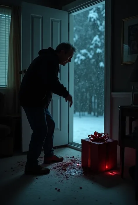 Create a chilling 10-second video scene set at night in a dimly lit living room. A middle-aged man, Joe, angrily picks up a blood-soaked red gift box from the floor, muttering about it being a prank. He walks toward the front door, opens it to reveal a sno...