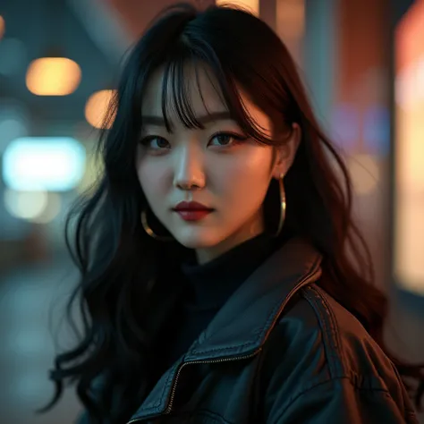 (best quality,4k,8k,highres,masterpiece:1.2),ultra-detailed, Korean Goddess Eopsin as a college student, Woman of Korean decent, black hair, rich girl, bulky jacket with many pockets, Arrogant smile on her face, looking at viewer, HDR, 8k, absurdres, cines...