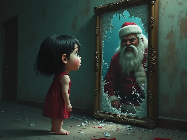 The girl looks at herself in a broken mirror. Behind her is the evil Santa. 