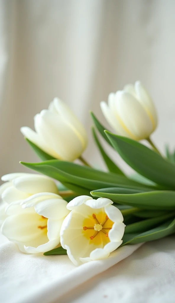 A serene still-life composition featuring a bouquet of white tulips with a hint of yellow in their centers, resting on a soft, light-colored fabric. The petals are delicate and glossy, surrounded by lush green leaves. The background is slightly blurred, em...