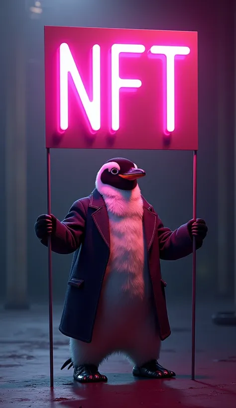 Penguin Wearing Coat Pant And Holding A Banner, In Banner Written "NFT", Neon Glowing Effect 