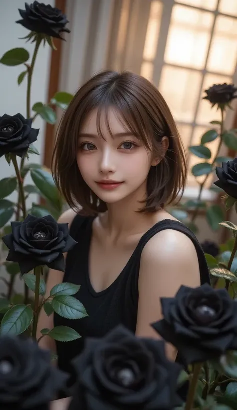 Girl surrounded by black roses, And sunlight shining through the window ,  creates a warm and inviting atmosphere .  she was wearing wet pajamas , ,  realistic ,  top quality , photo- realistic  8k, ( top quality :1.1), masterpiece, ( realistic :1.1), phot...