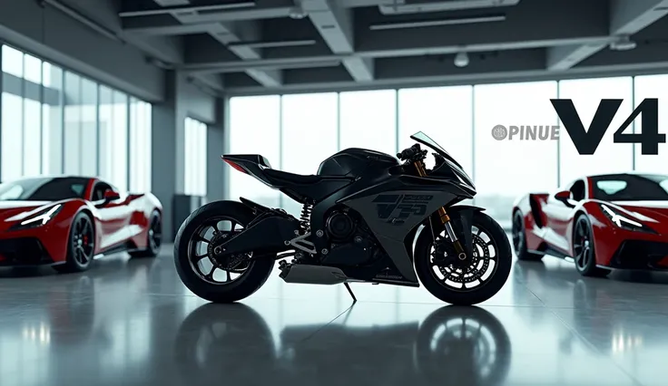 "Create a futuristic showroom featuring a 2025 Yamaha V4 1700cc motorcycle as the central focus. The motorcycle should have a sleek and powerful design, with a bold black and metallic color scheme. Surround the bike with modern luxury sports cars in the ba...