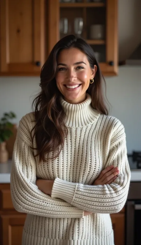 A cheerful 36-year-old woman wearing a turtleneck sweater, standing in a cozy kitchen.