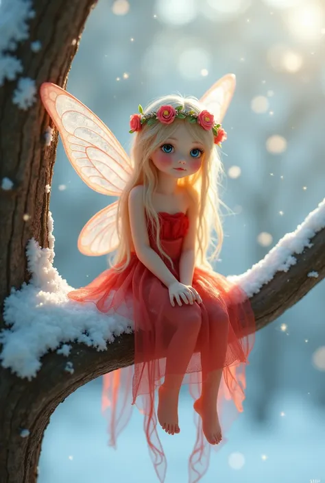 A fairy with a red dress, wings, and a flower crown sits on a snow-covered branch, smiling at the viewer.