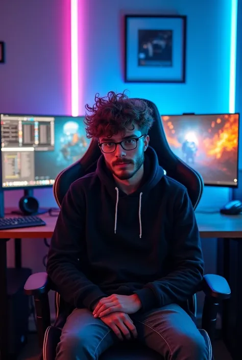 A computer setup room with multiple monitors, a gaming chair, and LED lighting in the background. An 18-year-old man sits in a chair, his hair messy, a light beard, and glasses visible from the front, the overall atmosphere of the room is modern, tech-cent...