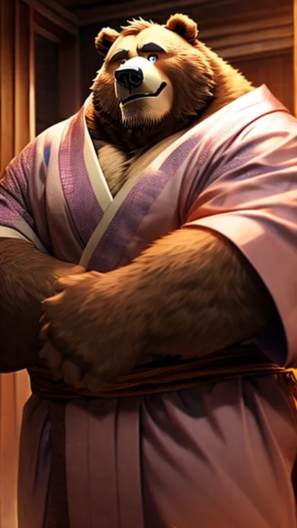 Fat strong male bear beast man。yukata。anime。smile。